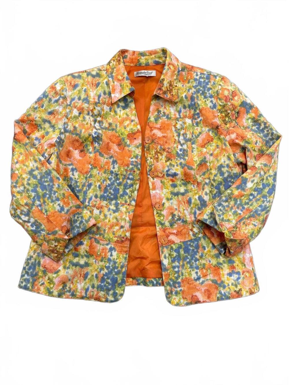 Coldwater Creek Floral Print Blazer Orange Yellow Blue Button Front Lined Jacket